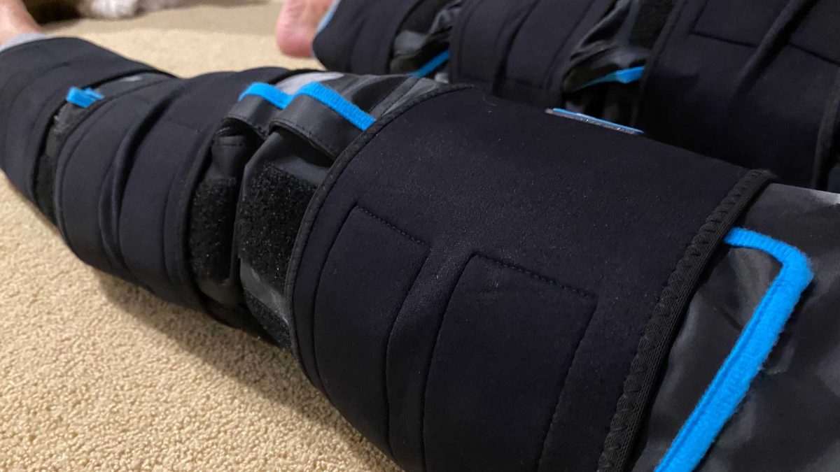 relaxing with Ice Legs Recovery Sleeves