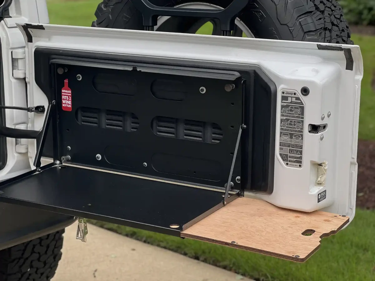Front Runner Tailgate Table installed on a Jeep Wrangler JL