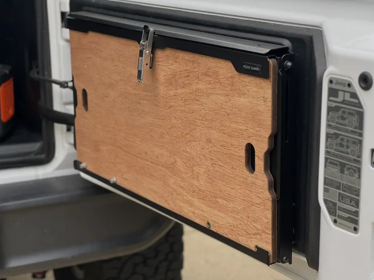 Front Runner Tailgate Table folder up on a Jeep Wrangler JL