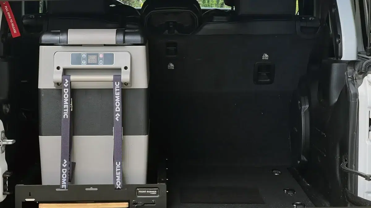 Front Runner Fridge Slide installed in a Jeep Wrangler JLU