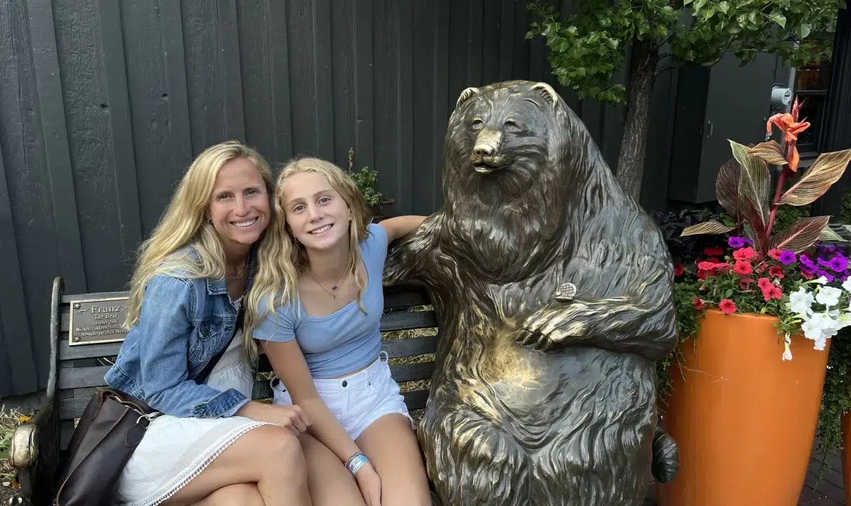 Dawn and Hannah Visiting Park City and the Bear Statue